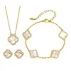 Set de Joyería Joyería Concha Blanca Natural Aretes de Trébol de Cuatro Hojas Collar Pulsera Completo con Diamantes Joyería de Alta Moda para Mujer Venta al por Mayor