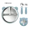 Prato Infantil de Silicone Dividido Urso Aço Inoxidável 304 Removível com Ventosa Talheres de Bebê Conjunto de Silicone