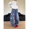 Design de Comércio Transfronteiriço Senso Criativo Nicho Toalha Jeans Bordado para Mulheres Slim Vintage Solto High Street Largo