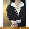 Sudadera de cuello en V con estampado de trigo estilo americano de color albaricoque para hombre, adecuada para primavera y otoño, con diseño de dos piezas simulado, camiseta de manga larga de peso pesado y una camiseta interior tipo POLO