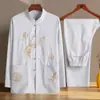 Traje Tang para Hombres de Mediana Edad y Mayores, Traje de Dos Piezas de Primavera y Otoño para Papá, Traje de Abuelo, Traje de Verano de Seda Helada Delgado de Manga Larga para Papá, Dinastía Han China