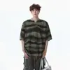 Camiseta de Manga Corta con Cuello en V de Contraste Rayada para Hombre Verano Adolescentes Crack Tie-dye Vintage Holgada Casual