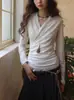 Top de manga larga Subo, mezcla de lana modal austriaca, ligero, suave y transpirable, cuello en V, cintura plisada, aspecto adelgazante