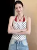 Top Regata de Bolinhas Branco Falso Duas Peças com Gola Halter para Mulheres, Top Curto Picante Sem Mangas Costas Abertas de Verão