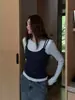 Chic y única camiseta azul de dos piezas de manga larga estilo coreano para mujer, perfecta para principios de otoño, un top deslumbrante y hermoso para llevar sola