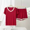 Estilo Nuevo de Verano Conjunto de Ropa para el Hogar para Mujer Holgado Transpirable con Ribete de Encaje Conjunto de Dos Piezas: Top de Pijama con Cuello en V de Modal y Pantalones