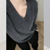 Suéter de Cashmere Cinza com Decote V Estilo Descontraído Solto Feminino Outono e Inverno Peça Externa Curta Top Suéter de Alta Qualidade