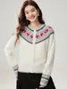 Cardigã de cashmere jacquard Fair Isle, gola redonda, cores contrastantes, estilo étnico, punhos canelados, solto, macio, peça de outer wear de tricô, suéter