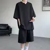 Traje de dos piezas de imitación lino para hombre, cuello en V, manga corta, talla grande, holgado, casual, deportivo, verano, manga tres cuartos, estilo relajado