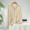 Nuevo modelo de otoño, cárdigan con capucha y cremallera 100% cachemira pura para mujer, sudadera con capucha de rayas, estilo simple, chaqueta superior para mujer