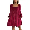 Falda corta texturizada de Halloween transfronteriza europea y americana, Vestido retro de Navidad de terciopelo con cuello cuadrado, espalda descubierta y mangas largas para mujer