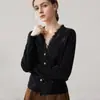 Cardigã de malha com decote V e acabamento em renda com lantejoulas, suéter de cashmere doce para outono e inverno para mulheres, suéter casaco de malha soltinho