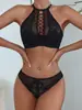 Comercio Exterior Sujetador Push-Up con Cuello Halter y Tiras Cruzadas Estampado Malla Semi-Transparente de Encaje Conjunto de Tres Piezas 8620