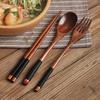 Conjunto de Talheres de Madeira Estilo Japonês com Colher Pequena Enrolada em Fio de Nanmu, Garfo Sólido de Madeira Antiderrapante, Hashi e Bolsa de Pano para Uso Diário