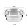 Escorredor de Aço Inoxidável Extra Espesso Camada Dupla Quadrado Fundo Plano Cesta para Lavar Frutas Filtragem de Água Tigela para Lavar Legumes e Arroz Cozinha