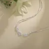 Collar de Zirconia Rosa Flor de Cerezo Estilo Chica Soñadora Coreana Doble Capa Diamante Blanco Cadena de Clavícula de Tres Flores Regalo de Cumpleaños