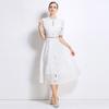 Vestido de Moda de Alta Gama de Manga Corta para Mujer 2025 Nuevo Francés Industria Pesada Cut Out Encaje de Crochet Cintura Falda Larga Elegante