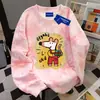 Moletom Estudantil Redondo Divertido Estilo Campus Desenho Animado Tie-Dye Rosa Solto Casual Feminino Outono Inverno