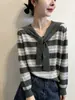 Nuevo Top de Punto Casual Raya Fina con Cuello Chal Falso de Dos Piezas Azul Marino Suéter de Manga Larga Adelgazante A14637