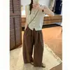 Pantalones casuales de cuadros plisados estilo retro americano, nueva colección de otoño, diseño único, versátiles, con cordón, pantalones de pierna ancha de corte holgado para mujer