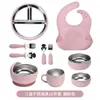 Juego de Cubiertos de Acero Inoxidable para Niños, Plato con Ventosa de Silicona Color Rojo Vino, Plato Hondo, Tenedor, Cuchara, Juego de Utensilios para Comida de Bebé de 10 Piezas