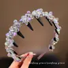 Faixa de cabelo luxuosa e da moda com contas de cristal, tiara elaborada com dentes ondulados, presilha de cabelo fofa francesa de alta coroa para mulheres