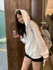 Moletom com capuz e zíper em tricô waffle estilo coreano cor verde limão, modelagem solta, casual, cardigã estilo preppy, blusa de outono feminina