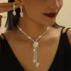 Juego de Collar y Aretes Transfronterizo Europeo y Americano para Novia Boda Simple Combinable Precioso Lujo Ligero Cadena Grabada Juego de Pedrería