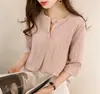 Verão Novo Estilo Coreano Moda Tamanho Grande Gola Redonda Listrada Camisa Feminina Manga Três Quartos Top Solto Casual