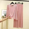 Conjunto de dos piezas de modal con pantalones largos de manga larga para mujer, camiseta fina de cuello redondo para otoño, conjunto de pijama holgado talla grande, ropa de estar