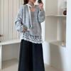 Tricô Coreano Solto com Lantejoulas e Fitas, Renda em Patchwork, Top com Decote V, Estilo Preguiçoso Feminino, Tricô de Comprimento Médio