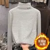 Camisa de base feminina listrada com gola semi-alta de veludo dupla face, outono e inverno 2024, nova, grossa, quente, manga longa de madeira