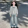 Elegante Blusa de Manga Longa Falsa Duas Peças Jeans da Moda com Estrela de Cinco Pontas Conjunto Fino de Duas Peças para Meninas Primavera e Outono