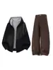 Han Lu Sudadera con Capucha Forrada de Color Block Americano Pesado Textura de Bloque de Color Estructurada Pantalones Casuales de Trabajo Conjunto de Dos Piezas
