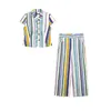 Conjunto de Camisa de Cuello con Nudo y Rayas Color-Block Estilo Retro Francés de Verano Nuevo Transfronterizo Europeo y Americano con Pantalones Anchos Estilo Vacaciones