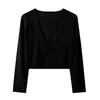 Nuevo estilo de verano para mujer, top de punto Lyocell con cuello en V y manga larga, camisa ligera de protección solar, elegante y versátil, cárdigan cruzado