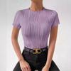 Blusa de malha gola redonda manga curta versátil estilo europeu e americano slim fit lazer europeu e americano retalhos 2024 afina cor sólida temperamento