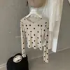 Y.JIA Outono Estilo Retrô Coreano Poá Versátil Slim Fit Gola Redonda Manga Longa Camiseta para Mulheres 7657