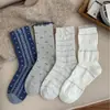Novidade Outono Estilo Coreano Azul Sal Marinho Renda de Orelha de Madeira Meia de Cano Médio Feminina Retrô Versátil Sem Costura Estilo Floresta Estilo Acadêmico Algodão Empilhado
