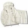 Conjunto de Ropa con Capucha Protectora del Sol para Pareja Transfronteriza Ropa de Pesca al Aire Libre de Verano para Hombres y Mujeres Ropa para la Piel Pantalones Cortos Conjunto de Dos Piezas