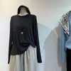 Camiseta básica redonda de lã Tencel macia e amiga da pele com barra enrolada para mulheres, corte solto, modeladora, com caimento, relaxada, clássica de manga longa