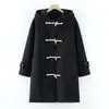 Casaco Duffle Style JK de Faculdade Japonesa Feminino com Fivela de Madeira, Comprimento Médio, Com Capuz, Acolchoado, Lã