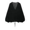 Z Estilo Europeu e Americano Transfronteiriço 2026 Nova Moda Elegante Feminino Casual Transparente Manga Bufante Crepe Top 5039193