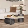 Mesa de Centro Redonda de Lujo Ligero de Piedra Travertino de Diseñador de Madera Maciza para Balcón de Casa, Apartamento Pequeño, Sala de Estar y Casa de Huéspedes