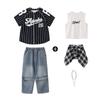 Terno de hip-hop para meninas, jeans solto, manga curta, para meninos, infantil, hip-hop, performance, hip-hop, moda infantil, roupas