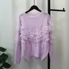 Suéter Pulôver Patchwork Floral com Renda e Pedraria 2025 Outono e Inverno Novo Doce Tricô Solto para Mulheres