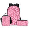 Mochila de Leopardo Rosa de Dibujos Animados de Tres Piezas DIY Impresa Mochila para Estudiante de Primaria Bolsa para Comida Estuche