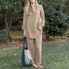 Conjunto Amazon 2026: Conjunto Elegante Casual Vintage: Camisa de Manga Longa com Lapela Solta e Calça Wide Leg em Cor Sólida