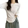 Camisa Base Branca de Manga Longa para Mulheres, Camada Interna Estilo Chanel, Top Curto de Espinha de Peixe para Outono no Ombro Direito, Camiseta Estilosa, Emagrecedor