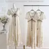 Novo Vestido de Renda Estilo Sudeste Asiático Transfronteiriço Estilo Francês Delicado para Mulheres com Mangas Bufantes, Ajuste na Cintura, Vestido Longo Emagrecedor